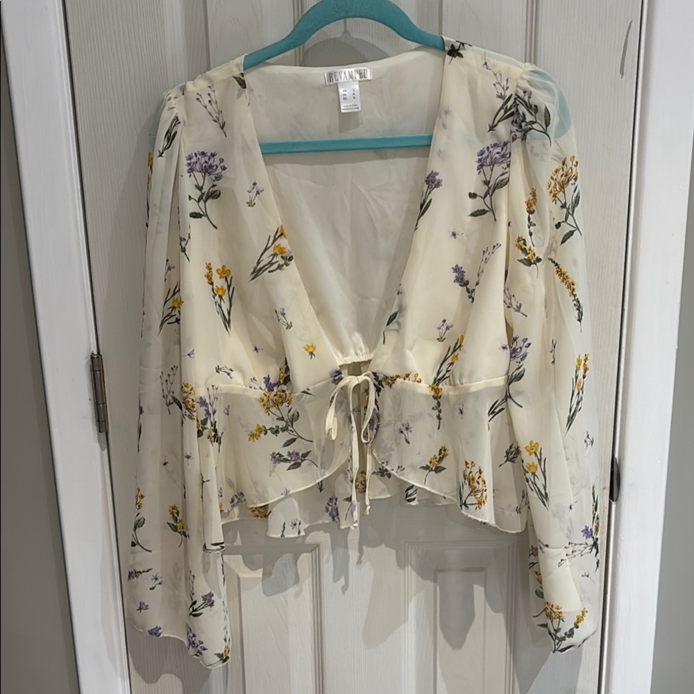 Revamped Cream Floral Ruffled Tie Front Blouse